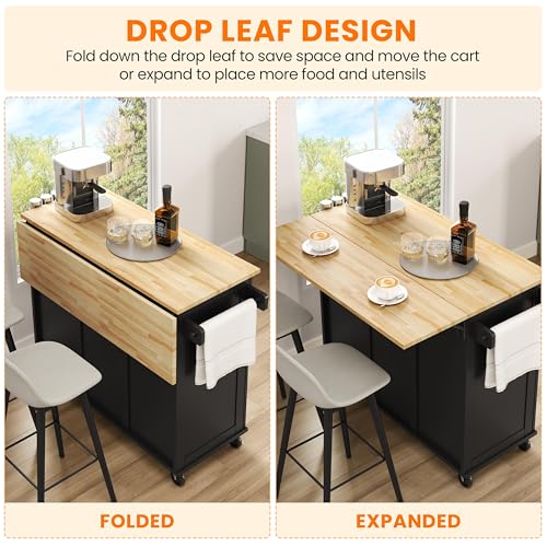 Yaheetech Kitchen Island Cart with Drop-Leaf Countertop, Rolling Storage Cart, Black E777851