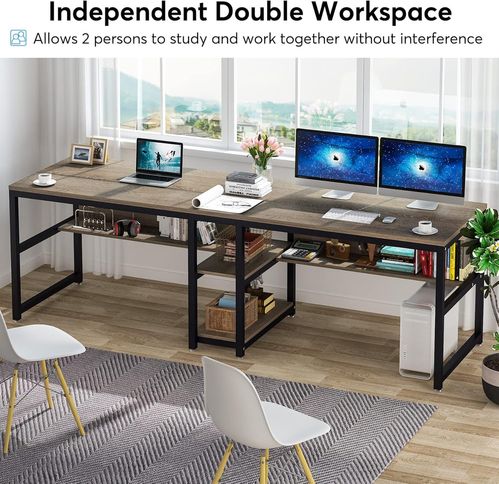 78.7" Two Person Desk with Bookshelf, Industrial Office Workstation W856