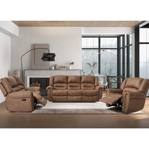 CANMOV Manual Recliner Sofa Set 2 Pieces for Living Room, Nut Brown J9617