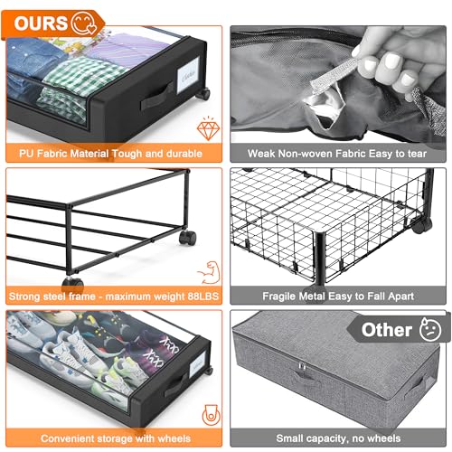 Under Bed Storage with Wheels, 2-Pack XXL 60L Metal Drawer, Black S2866