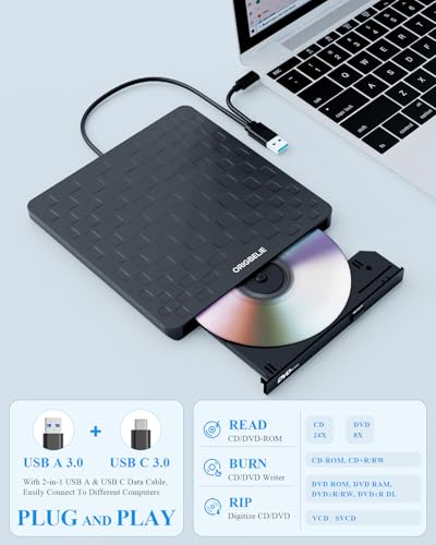 External CD DVD Drive for Laptop, USB 3.0 Type-C, Slim Portable Burner T70166