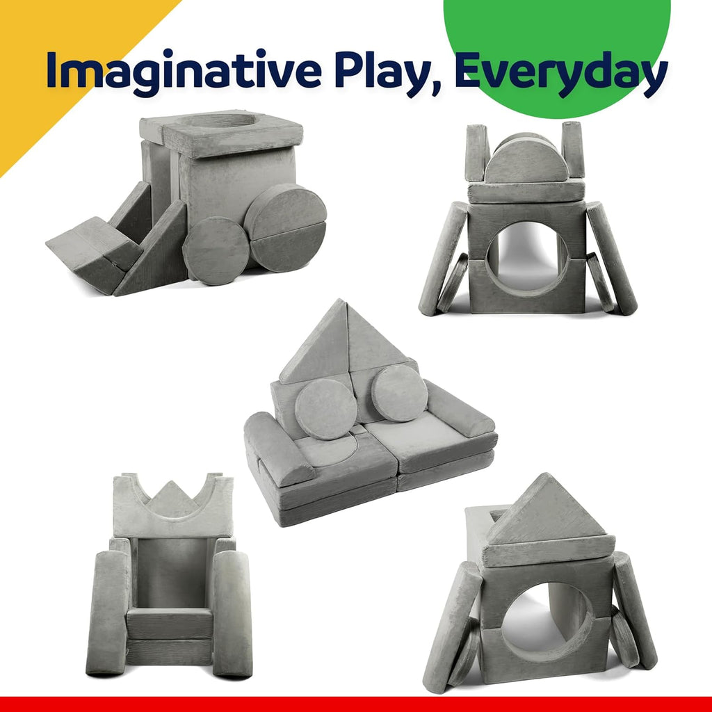 Modular Kids Play Couch 15 Pieces Buildable Plush Panels with Ball Pit Square W50300