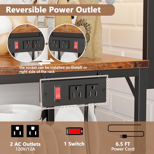 Furologee Kitchen Bakers Rack with Power Outlet, 4-Tier Microwave Stand, Rustic Brown Q634