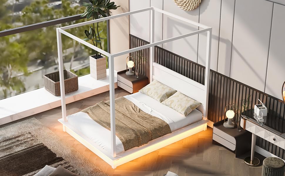 Bellemave Canopy Bed Frame Wood Four Posters Full LED Platform Bed with Headboard X806