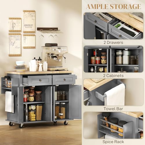 HOMCOM Kitchen Island on Wheels with Rubberwood Top, Navy Blue X7812