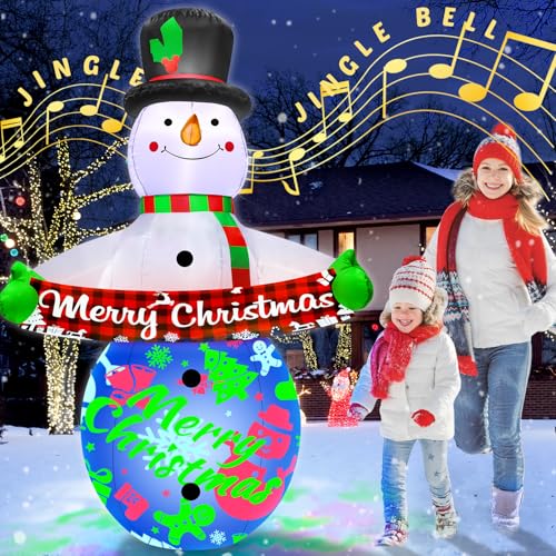 7FT Christmas Inflatables Snowman with Music & 360° Rotation LED Light Indoor Outdoor E158