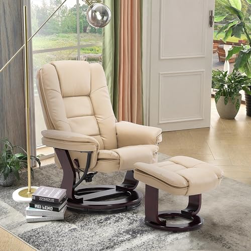 Beige Leather Swivel Recliner Chair with Ottoman R54220
