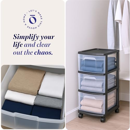 HOMZ 3-Tier Clear Plastic Storage Organizer Cart with Wheels, Black Frame M4715