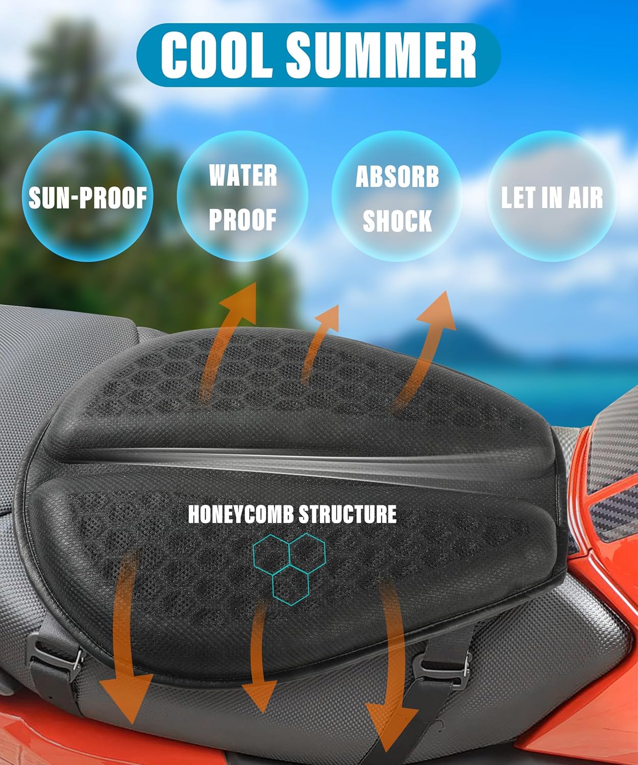 Universal Motorcycle Gel Seat Cushion with 3D Honeycomb Breathable Cover J67620