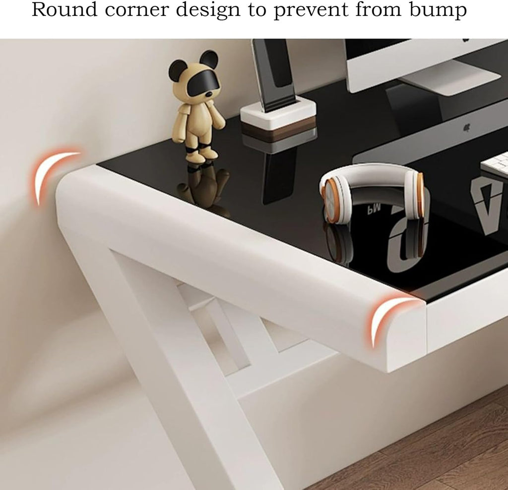 Modern Z-Shape Computer Desk with Keyboard Tray, Tempered Glass, White M154075