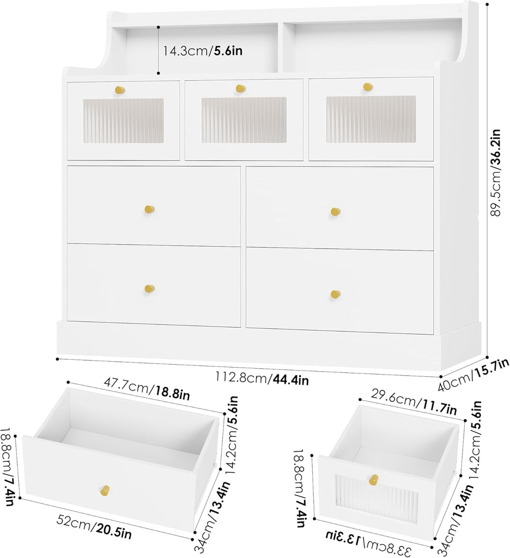 finetones 7 Drawer Dresser with Shelves, White and Gold W3983
