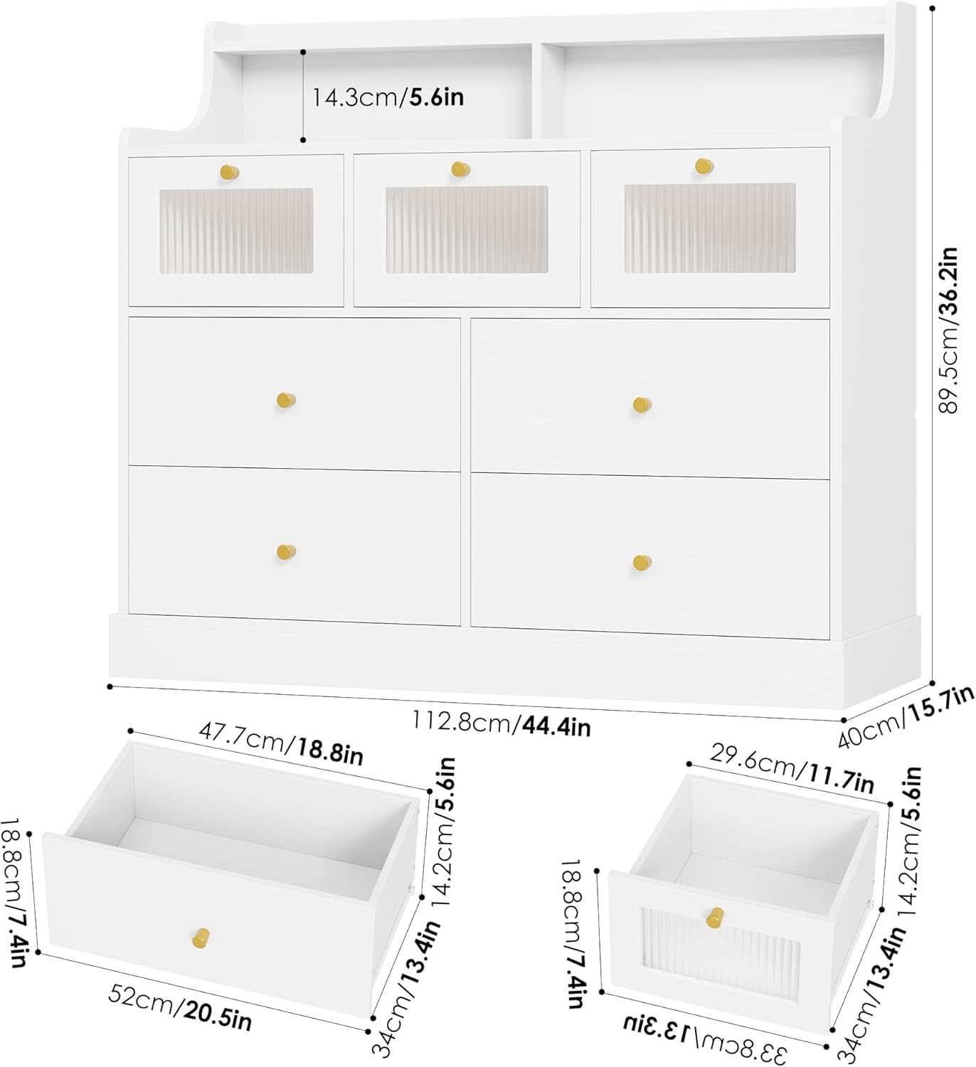 finetones 7 Drawer Dresser with Shelves, White and Gold W3983
