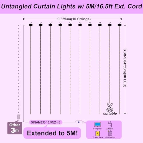 600LED Curtain Lights for Bedroom, Warm White, 8 Modes Y367582