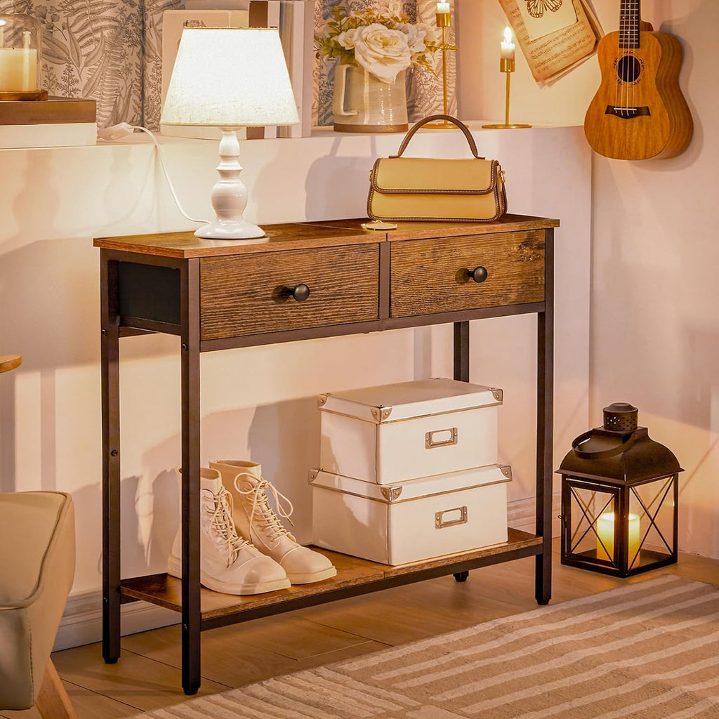 HOOBRO Narrow Console Table with 2 Fabric Drawers, Rustic Brown and Black X947644