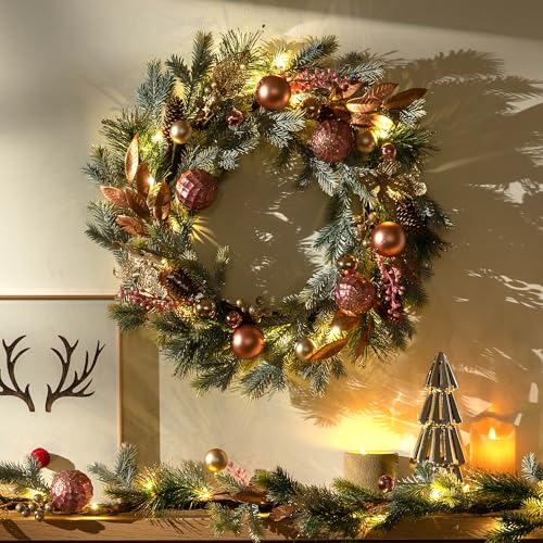 DecorbyHannah 24" Pre-Lit Pink Christmas Wreath with Ornaments Z91208
