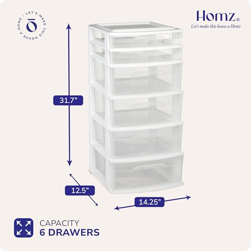 HOMZ Drawer Tower 6-Tier Clear Plastic Storage Organizer Cart, White Frame M699167