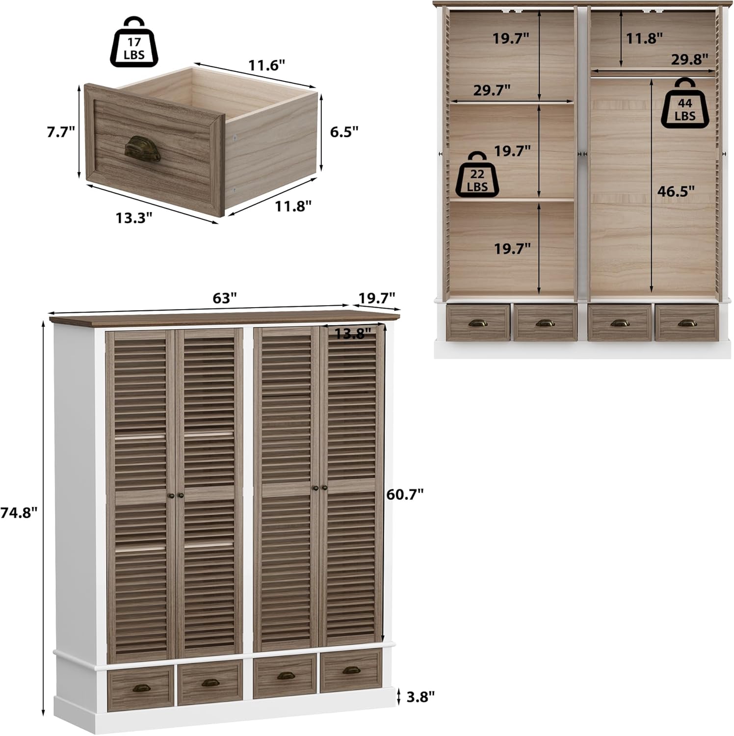 ECACAD 4 Doors Wardrobe Armoire with Louver Doors, Storage Shelves, 4 Drawers & Hanging Rod, Brown & White K855323