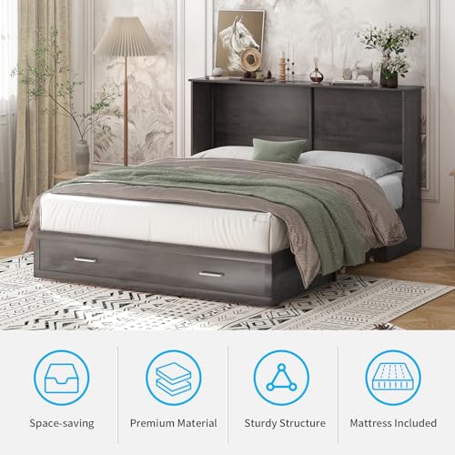 Mjkone Queen Murphy Bed with Tri-Fold Mattress, Charging Station and Storage Drawers, Cherry O58055