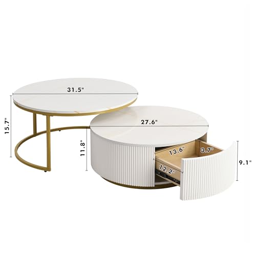 Round Nesting Coffee Table Set of 2 with Drawers, Gold Frame M124578