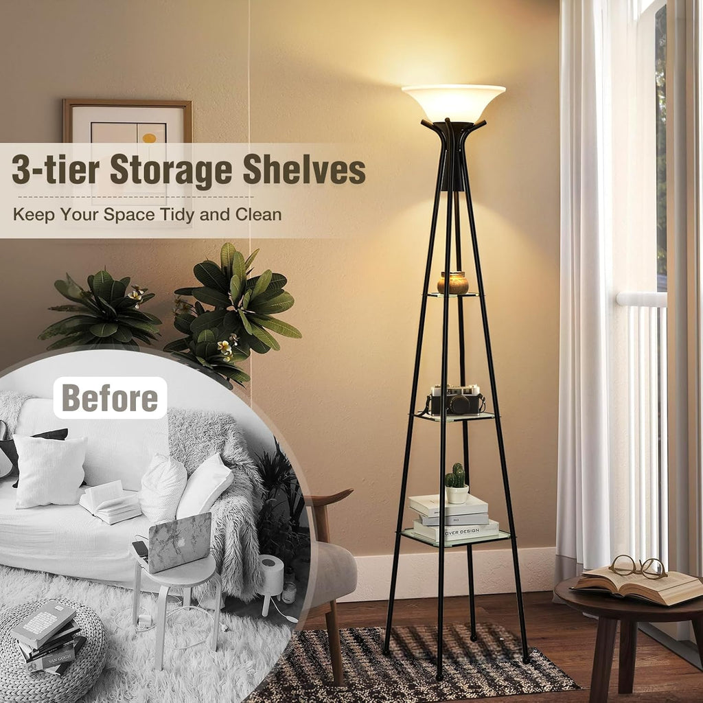 Luvkczc Floor Lamp with Shelves, 69" Tall, 3-Tier Glass Shelves, Black Y511