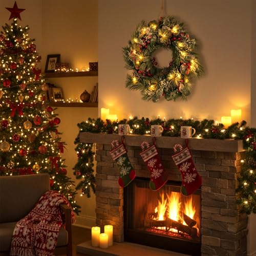 DomeStar 24 Inch Christmas Wreath with Lights, Outdoor Waterproof with Pine Cones C51545