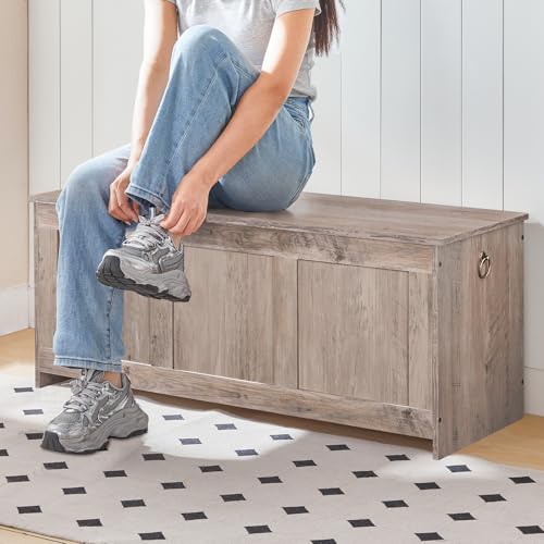 HOOBRO Storage Bench, 39.3" Retro Wooden Chest with Lift Top, White and Walnut C2921
