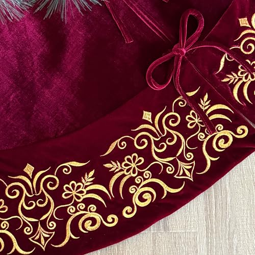 Burgundy Victorian Velvet Christmas Tree Skirt with Gold Damask Embroidery Q6345
