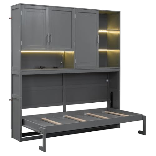 SOFTSEA Twin Murphy Bed with Storage Bookcase, LED Light & Charging Stations, Grey G72495