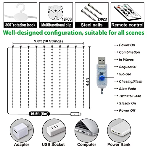 ZSJWL 2 Pack Curtain Lights, 300 LED Warm White with Remote, 9.8 × 9.8 Ft for Bedroom Window G2485