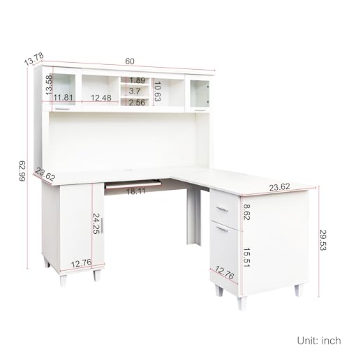 White Corner Desk L Shaped Computer Desk with Drawers and Shelves M491399