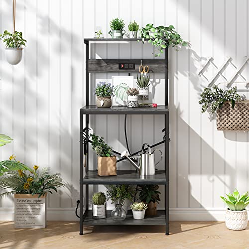 SUPERJARE Kitchen Bakers Rack with Power Outlet, Coffee Bar Table, Rustic Brown W637
