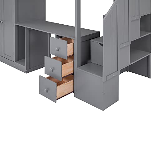 Harper & Bright Designs Twin Size Loft Bed with Desk and Stairs, Solid Wood, Espresso G152541