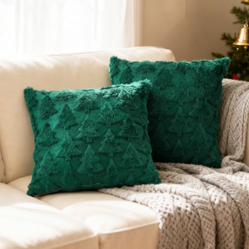 Christmas Throw Pillow Covers 18x18 Set of 2 Plush Green Tree Z112