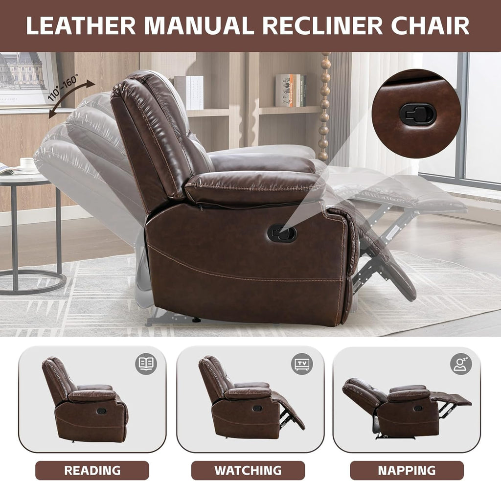 Genuine Leather Manual Recliner Chair for Living Room, Brown F4463