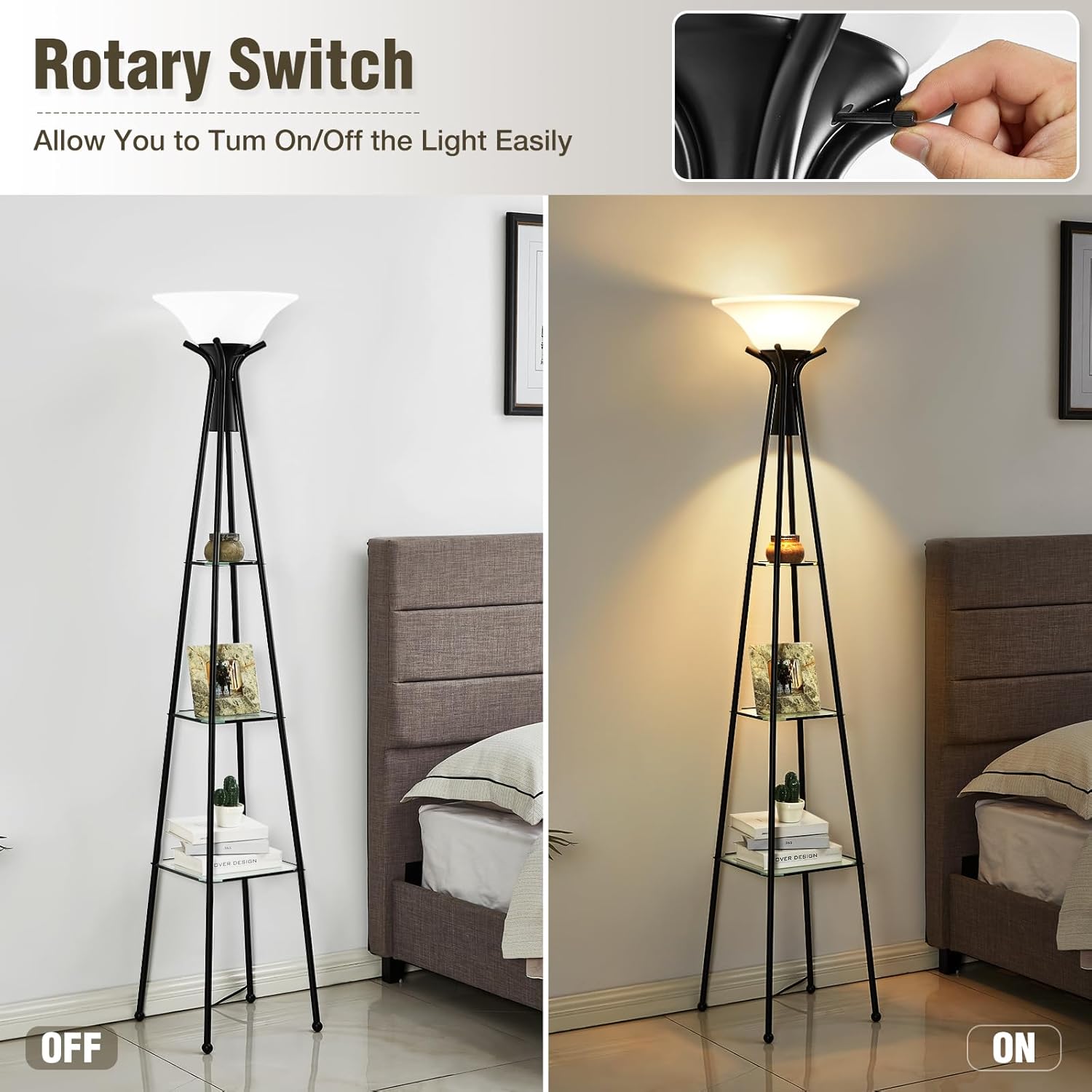 Luvkczc Floor Lamp with Shelves, 69" Tall, 3-Tier Glass Shelves, Black Y511