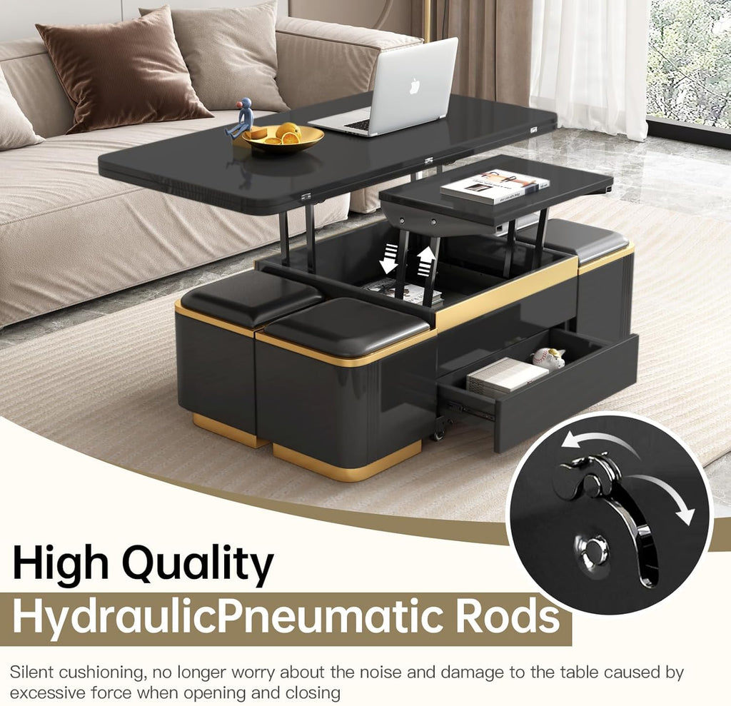 Black Lift Top Coffee Table with 4 Storage Stools T544