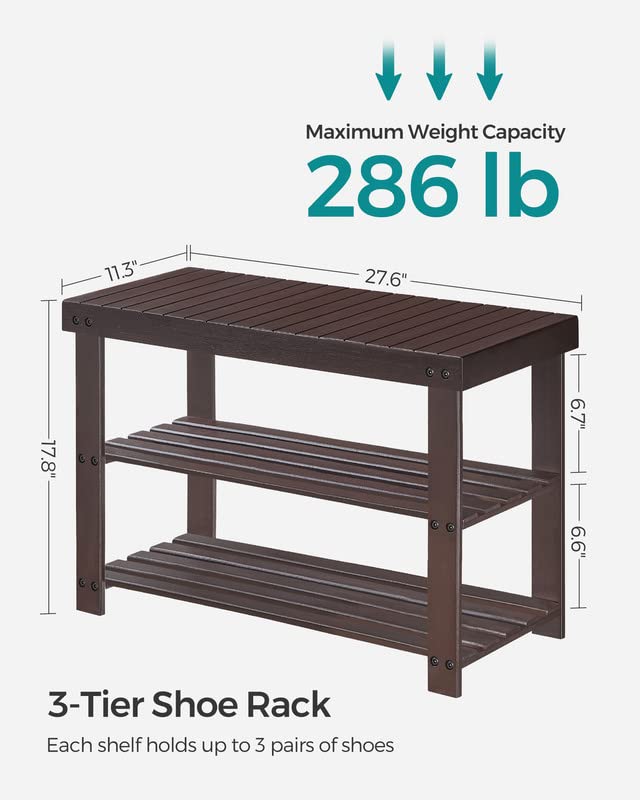SONGMICS 3-Tier Bamboo Shoe Rack Bench, Entryway Storage, Ink Black X802