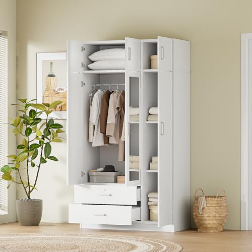 Mirror 3 Doors Closet Wardrobe with 2 Drawers and Top Cabinet, White T40591