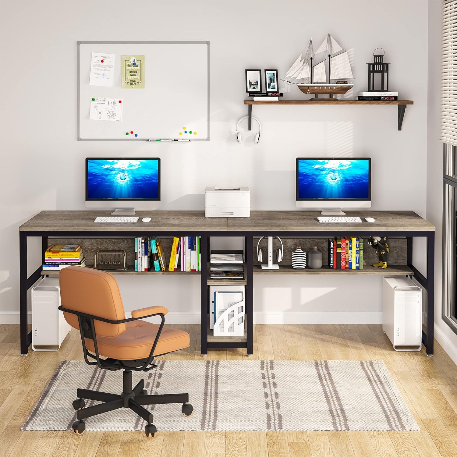 78.7" Two Person Desk with Bookshelf, Industrial Office Workstation W856