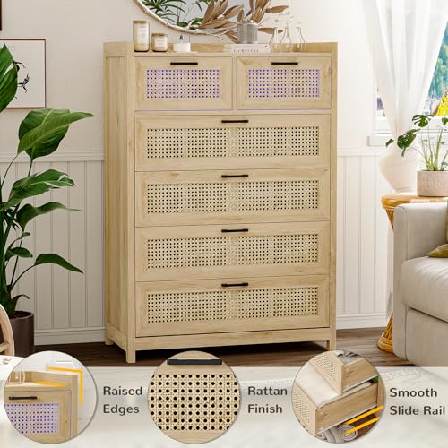 Rattan Dresser with LED Lights, 6 Drawer Storage Chest Q25323