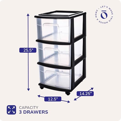 HOMZ 3-Tier Clear Plastic Storage Organizer Cart with Wheels, Black Frame M4715