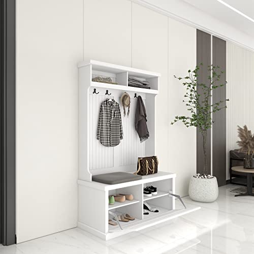 BNSPLY Hall Tree with Bench and Shoe Storage, White Y376