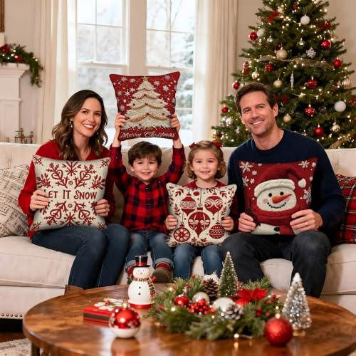 PICKFORU Christmas Throw Pillow Covers 18x18 Set of 4, Winter Holiday Decorative Cushion Cases I32037