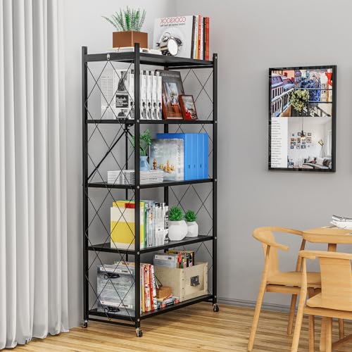 4-Tier Foldable Storage Shelf with Wheels, Metal Rolling Cart, Black J204857
