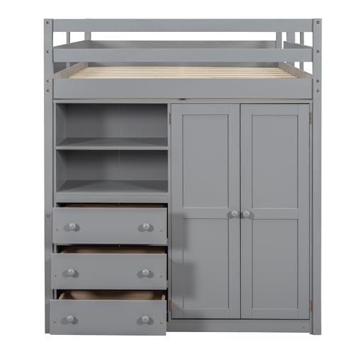 Harper & Bright Designs Full Size Loft Bed with Wardrobe and Desk, Solid Wood, White M8159