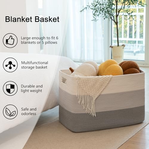 OIAHOMY Large Rectangle Woven Blanket Basket with Handle, Gradient Blue B58762