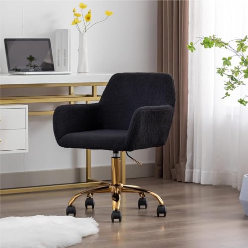Yoluckea Faux Fur Desk Chair with Wheels, Adjustable Swivel Vanity Chair, White B978800