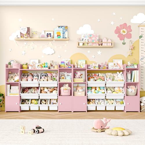 FOTOSOK 55" Toy Storage Organizer with 8 Bins and Bookshelf, Pink J681345