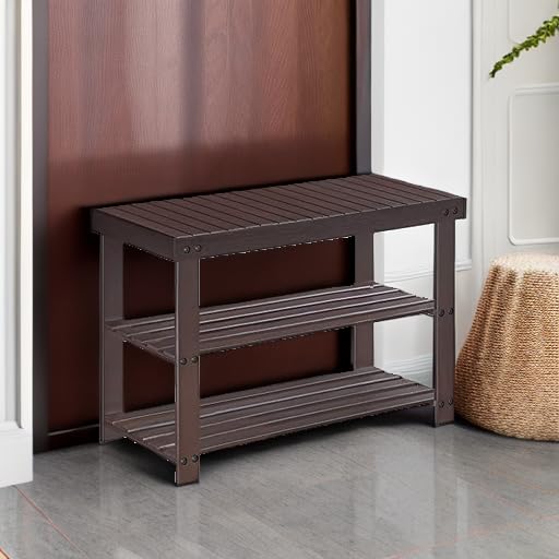SONGMICS 3-Tier Bamboo Shoe Rack Bench, Entryway Storage, Ink Black X802