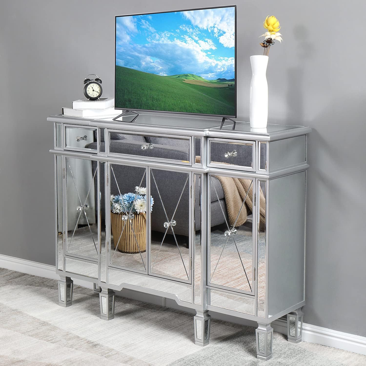 Mirrored Console Table Sideboard with 3 Drawers and Doors for Hallway and Living Room S324117